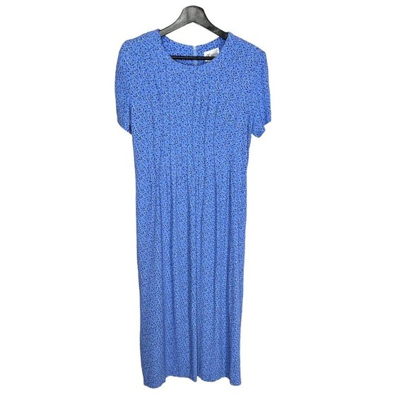 Vintage 90s Blue Micro Floral Short Sleeve Pleated Top Flowy Dress Large - Picture 1 of 7